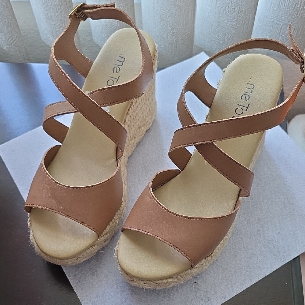 Me Too Tan Wedge Sandals with Crisscross Straps